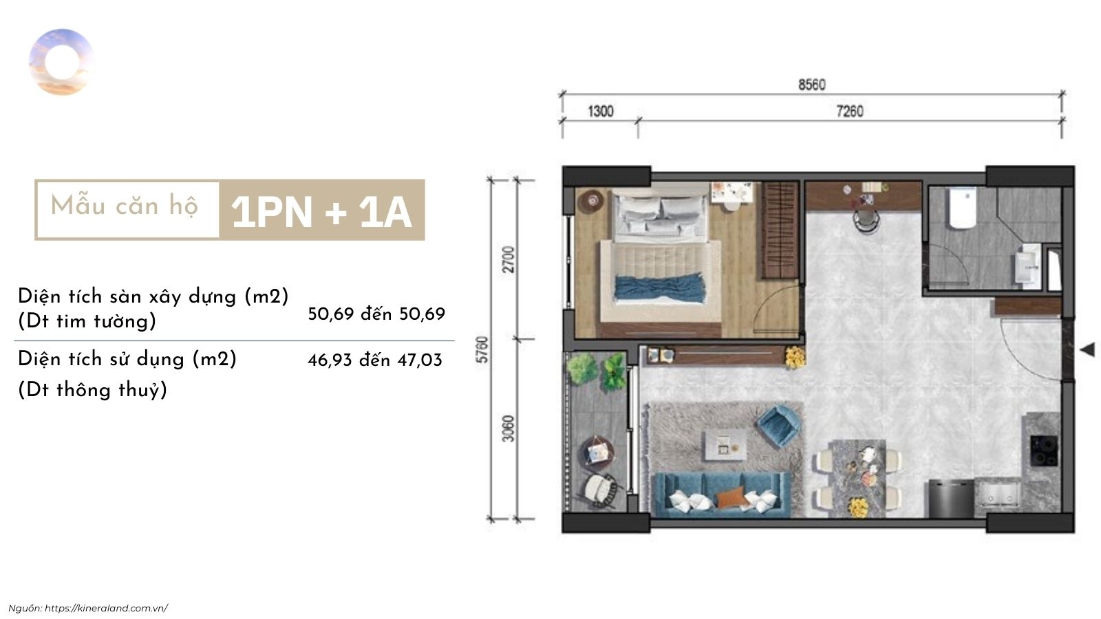 Thiết kế layout căn hộ 1PN dự án One Era