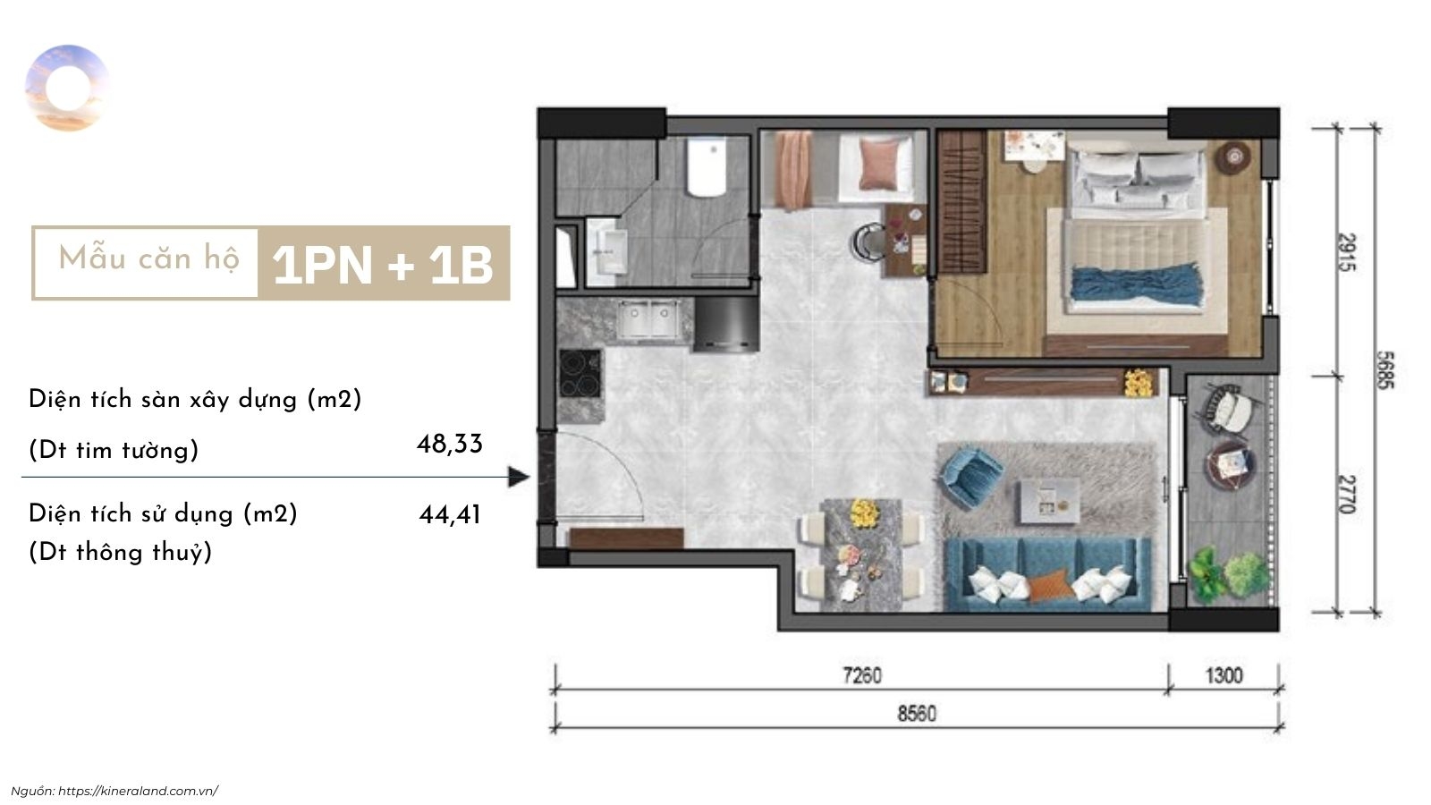 Thiết kế layout căn hộ 1PN dự án One Era