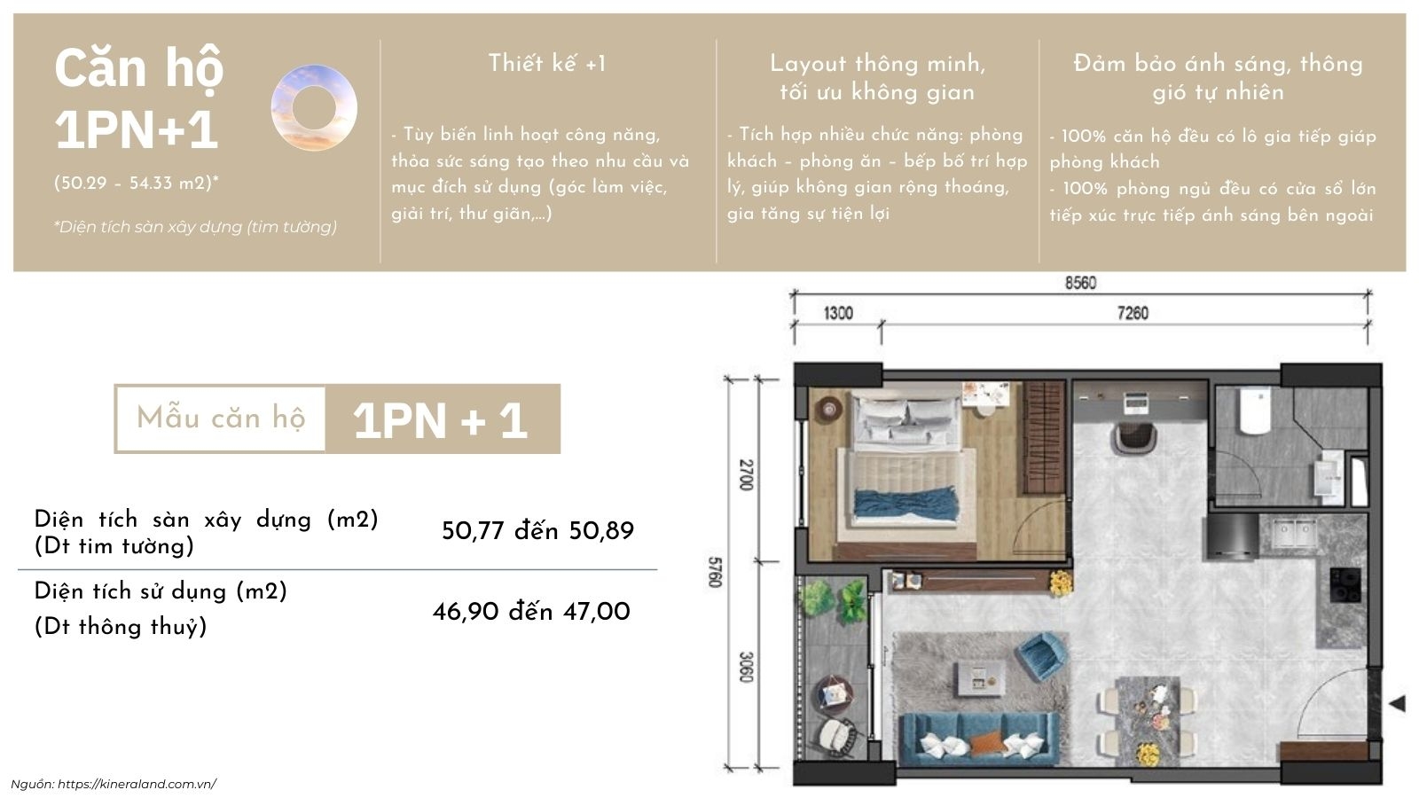 Thiết kế layout căn hộ 1PN dự án One Era