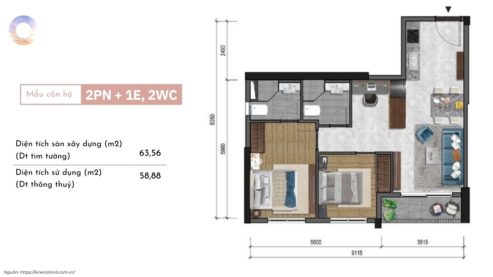 Thiết kế layout căn hộ 2PN dự án One Era