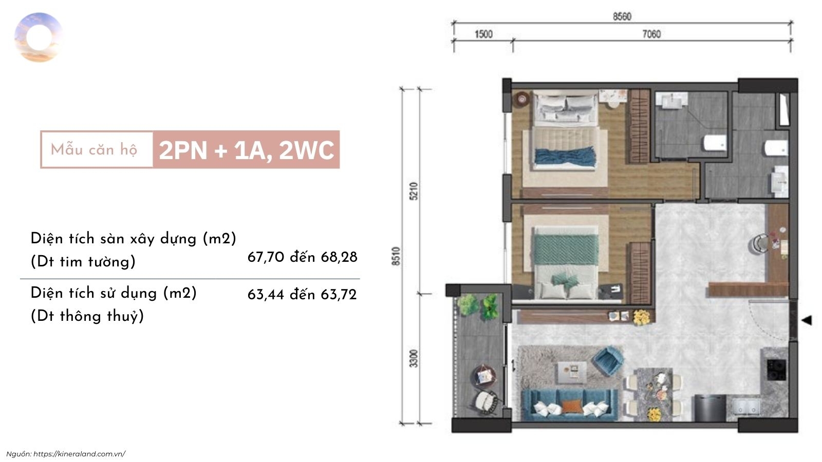 Thiết kế layout căn hộ 2PN dự án One Era