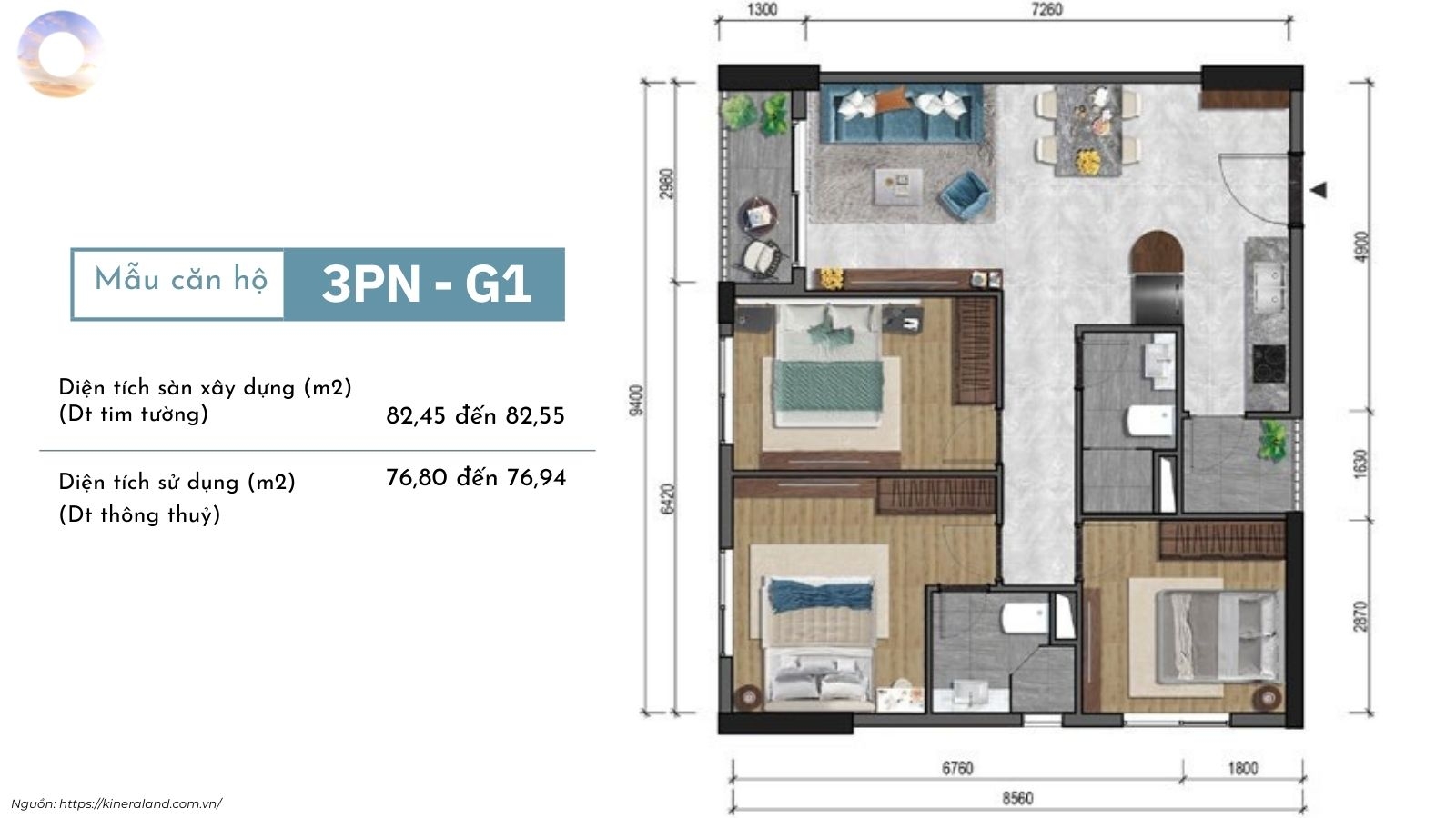 Thiết kế layout căn hộ 3PN dự án One Era