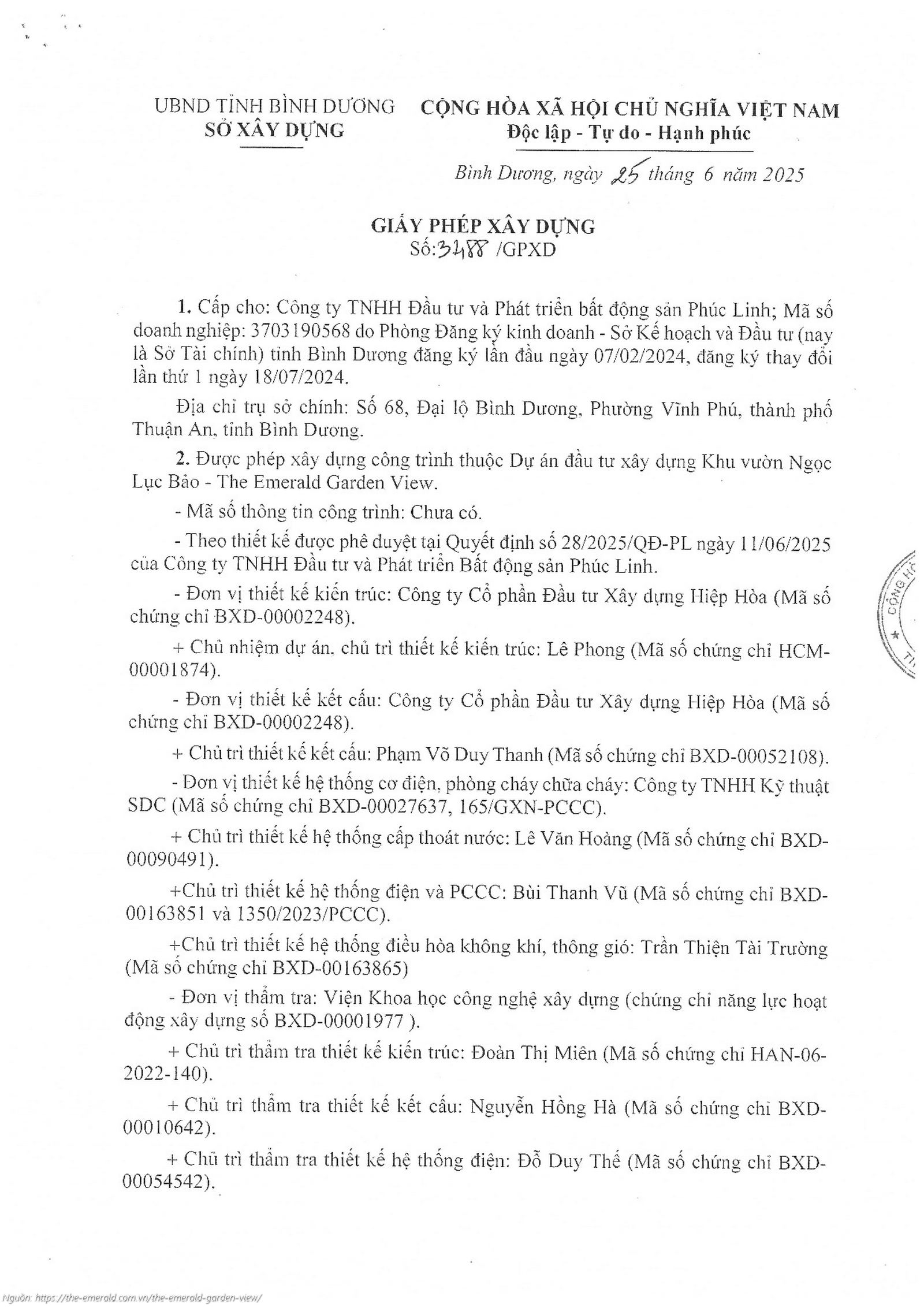 Giấy phép xây dựng dự án The Emerald Garden View 