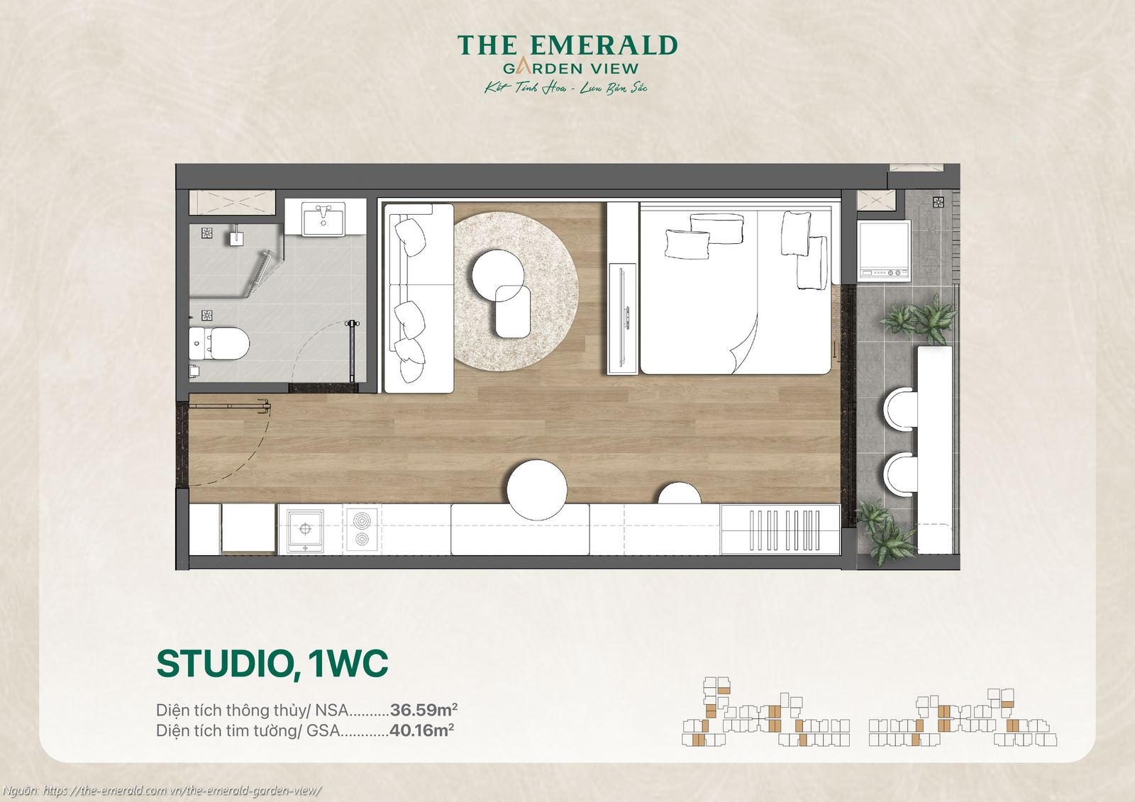Mặt bằng thiết kế căn hộ Studio diện tích 40.16m2 dự án The Emerald Garden View
