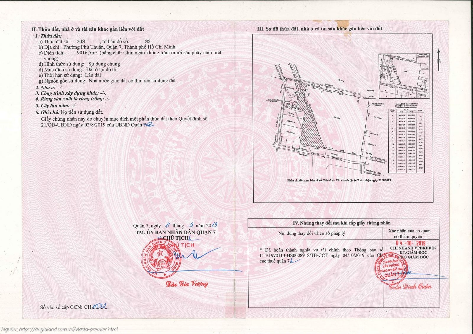 Giấy chứng nhận quyền sử dụng đất dự án căn hộ chung cư Vlasta Premier Quận 7